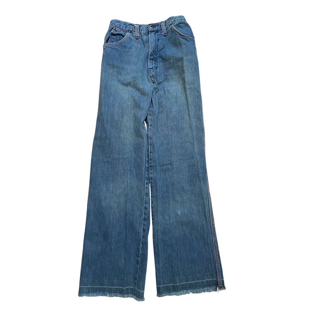 Vintage 70s Turtle Bax Jeans Women 25x29 Blue Denim Made in USA Boho Frayed Hem